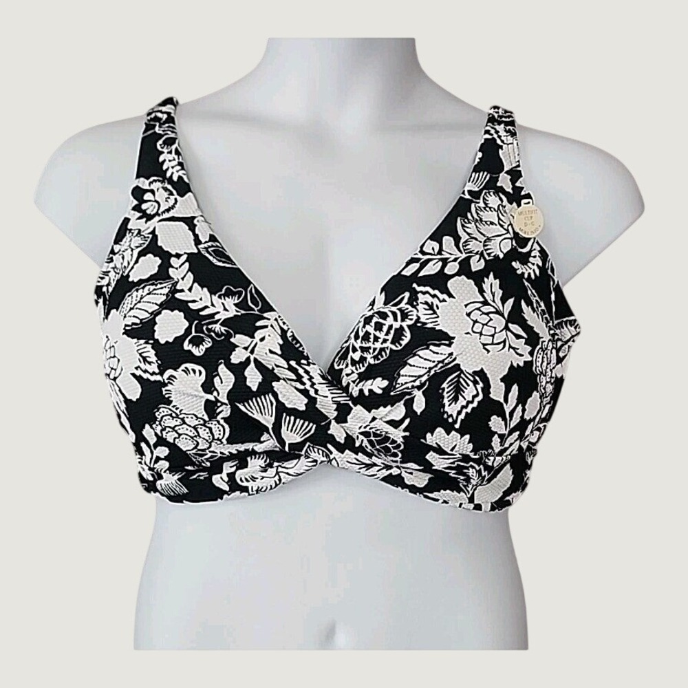 Artesands‎ Bikini Top Size 16 Black White Floral Twist Front Multi-Fit Cup D-G